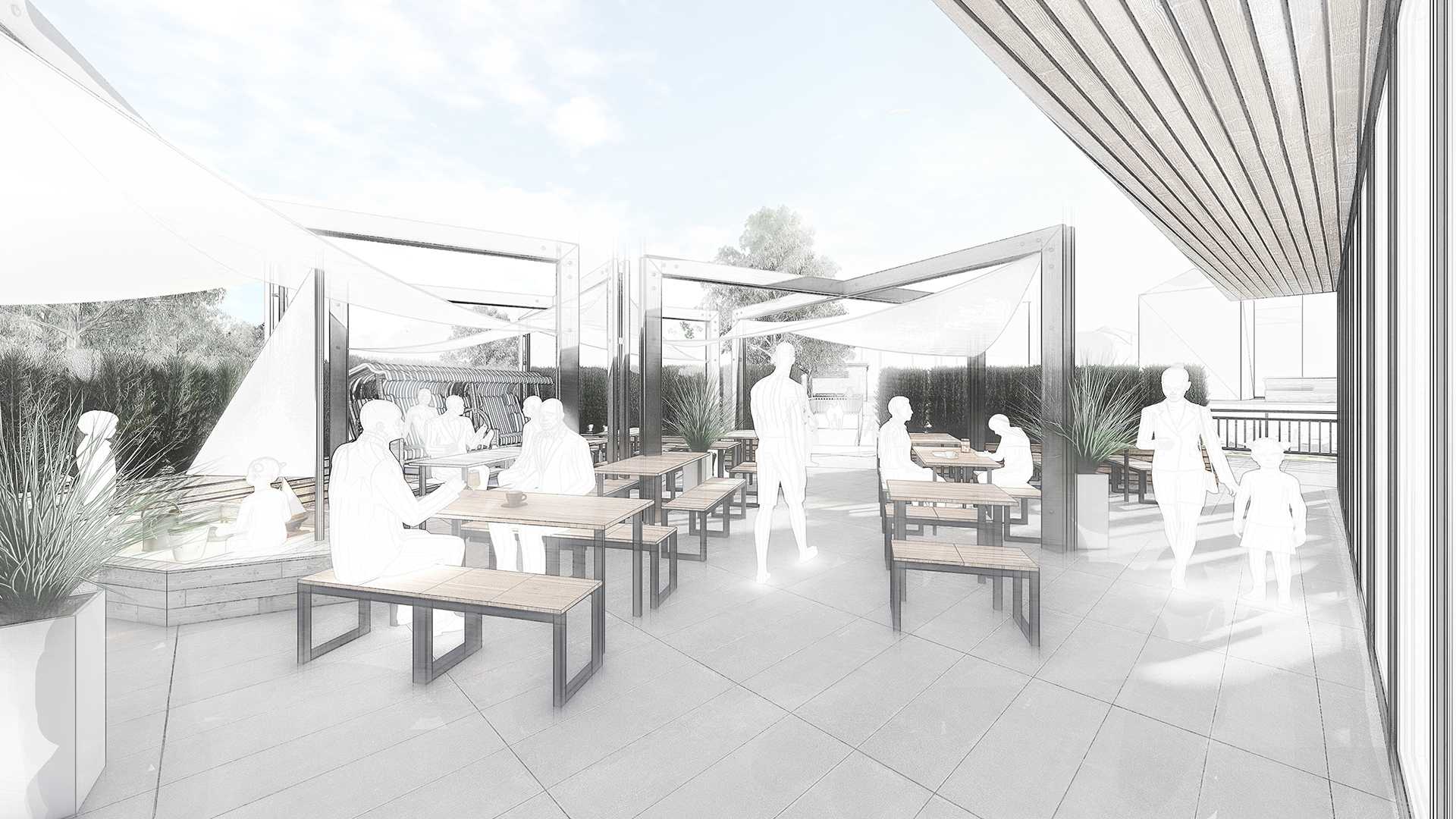 3D-Modell des Stadthafen Leipzig, architektonischer Entwurf eines Restaurants